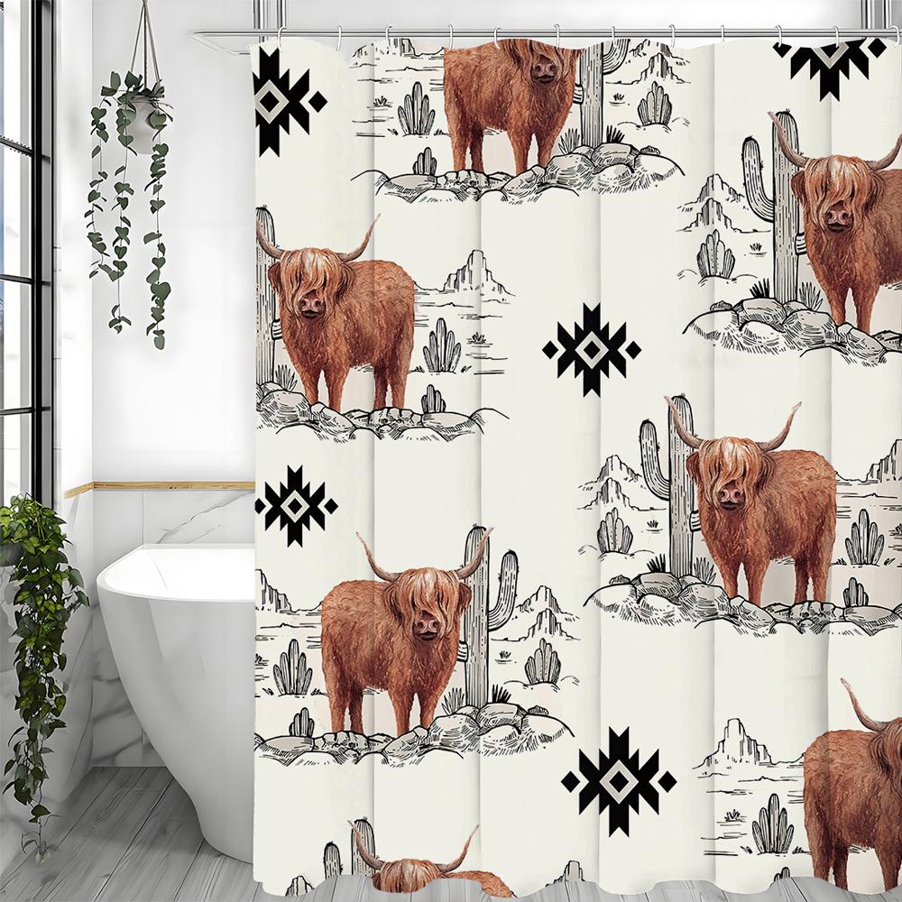 Western Desert Cow Cactus Geometric Pattern Shower Curtain, Bathroom Decorative Shower Curtain, Waterproof Shower Curtain with H