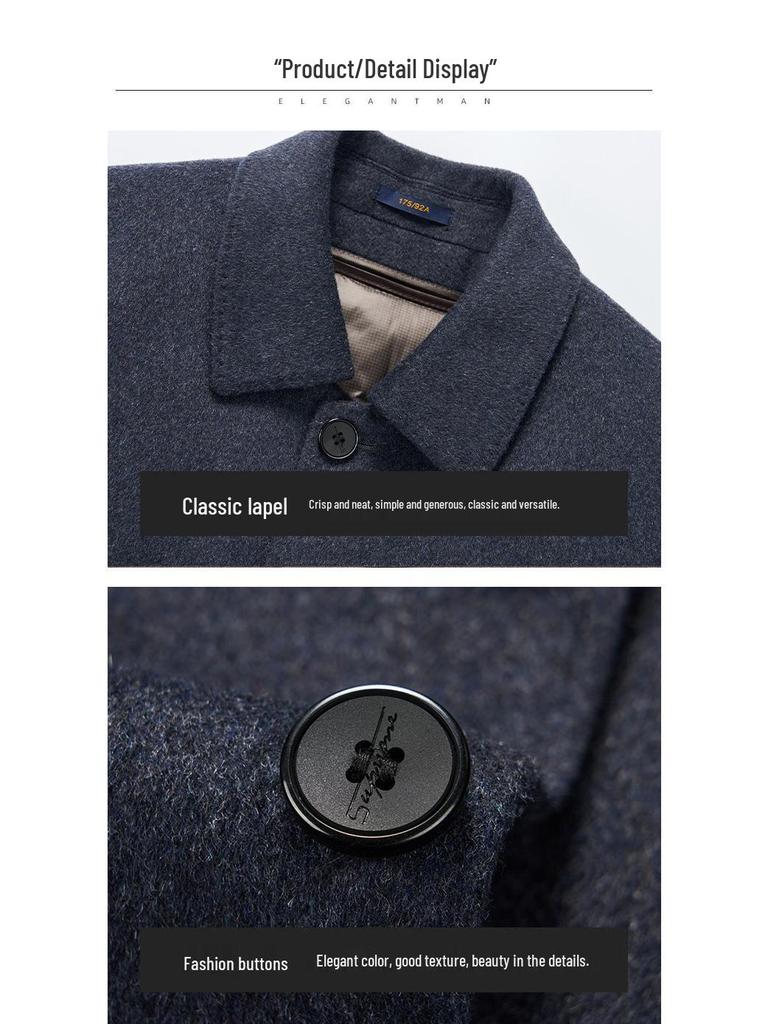 Men's Double-Faced Cashmere Overcoat with Detachable Down Lining - Business Casual Mid-Length for Middle-Aged Dads