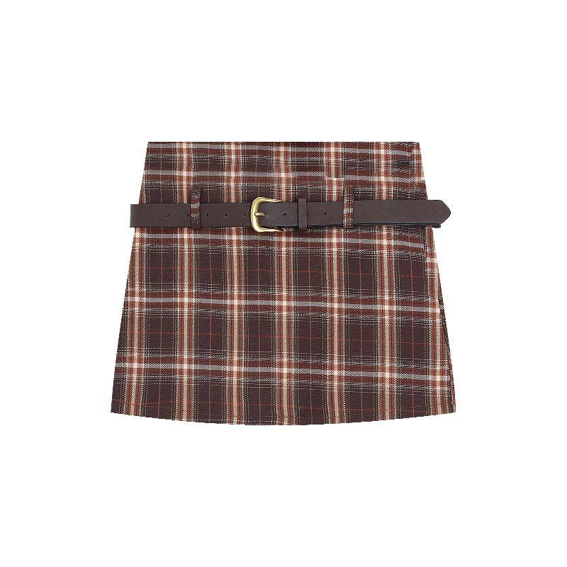 

Kumikumi American Retro High Waist Slim Looking Plaid Skirt Women s Autumn Versatile Anti-Exposure A- line Short Skirt Khaki (Short) L