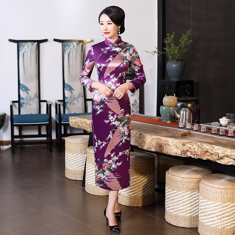 Cheongsam autumn new multi-color peacock pattern long satin large size slim banquet team catwalk one piece