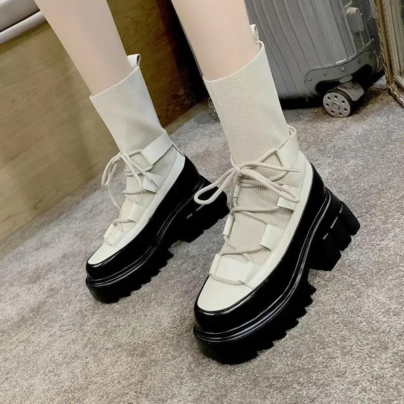 sales Black Wedges Platform Sock Boot Woman Fashion Lace Up High Heels Shoes Elastic Knitting Chunky Ankle Boots for Women