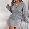 Autumn Winter Women's V-neck Sweater Dress Solid Color Hollow-out Lantern Sleeves Knitted Bodycon Dress