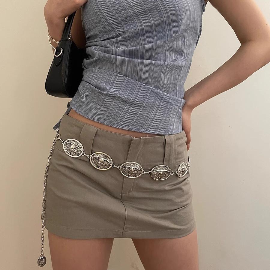 Retro Ethnic Style Metal Waist Chain Women'S Niche Design With Fashion High Sense Tide Oval Cow Head Belt Women