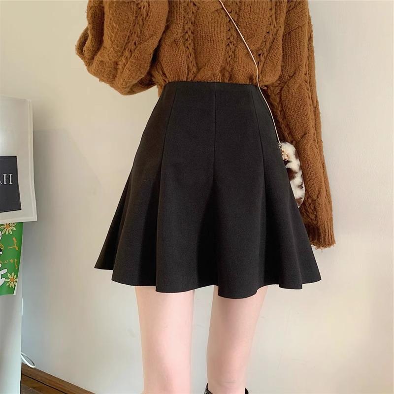 

2024 Женская юбка А-силуэта плиссе кофейного цвета из шерсти больших размеров - Осень/Зима, высокая посадка, дизайн зонтик XS