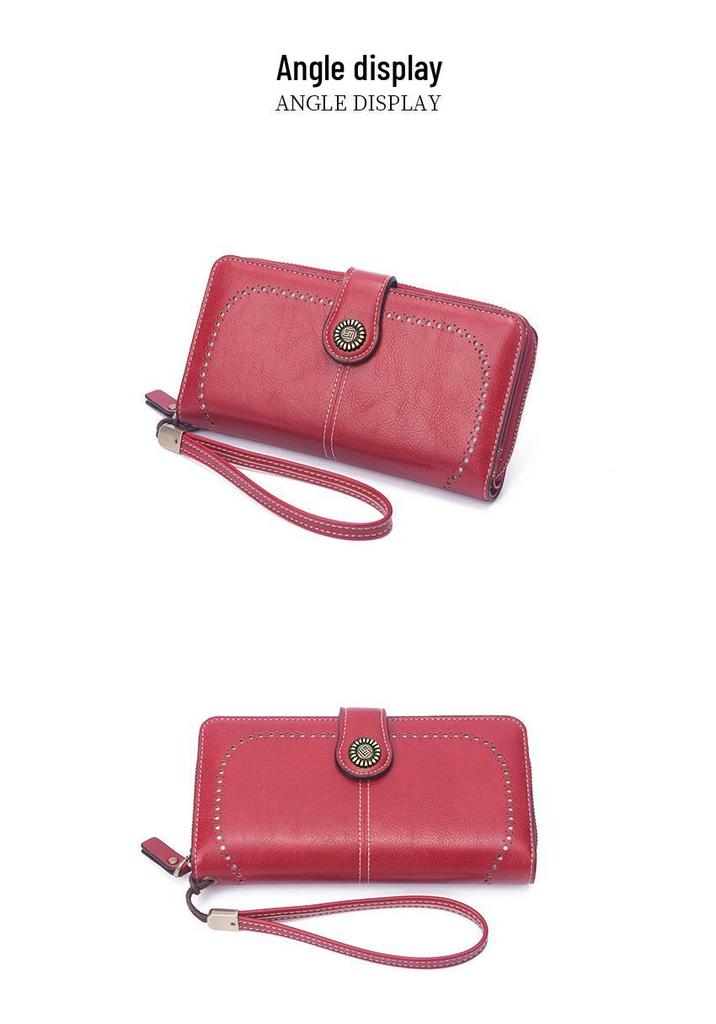 Women's Retro Oil Wax Leather Long Wallet - Hollowed-out Design, Multi-functional, Large Capacity Phone Bag
