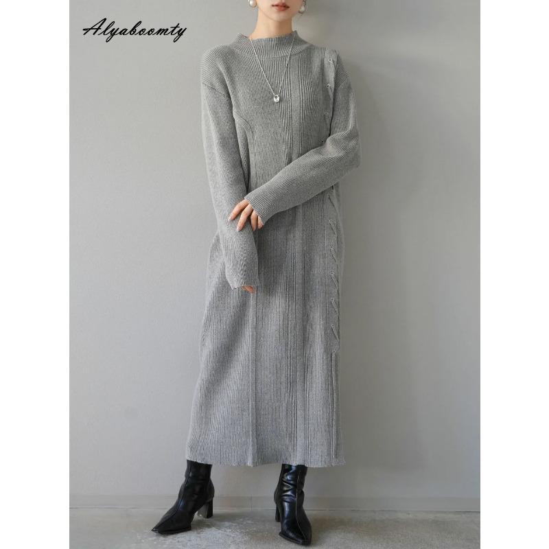 

Весна Осень Женское Трикотажное Платье Миди Бежевое Черное Серое Бандажное Трикотажное Платье На Шнуровке Повседневное Разделение Стильные Платья-Свитера ONE SIZE серый