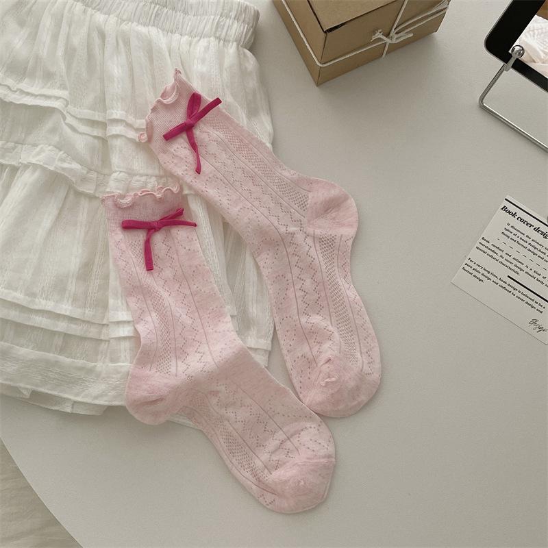 Sweet And Versatile Summer New High-Elastic Cotton Fungus Edge Love Hollow Macaron Bow Thin Socks