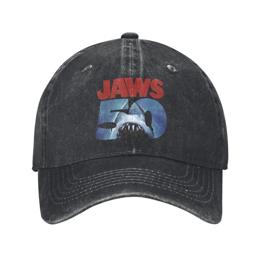 Cappellini da Baseball Logo 50° Anniversario di Lo Squalo Denim Vintage Usurato Snapback Classico Film All'aperto Morbidi Senza Struttura