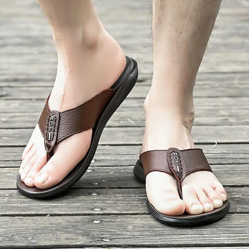 Summer Men's Flip Flops, New Leather Home Casual Sandals, Fashionable Outerwear, Soft Bottom, Anti Slip Beach Slippers