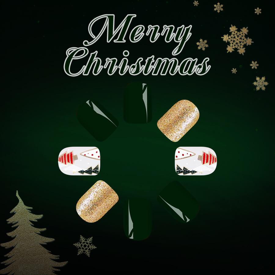 Kurze quadratische glänzende Nägel 2026 Neue Weihnachts Nägel Gold Glitzer Weihnachtsbaum Dunkelgrün Press-On Nägel 24 Stück