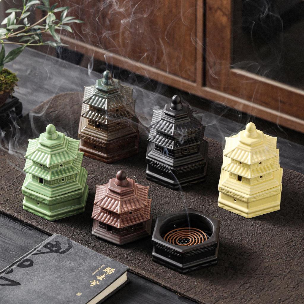 Compact Zen-Inspired Ceramic Incense Burner and Holder in Black Pottery