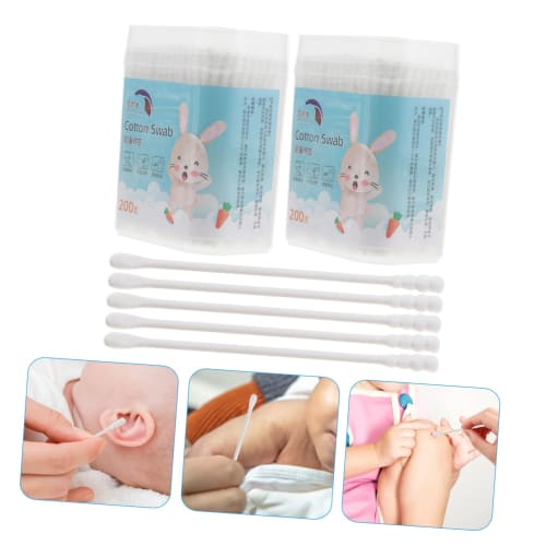 MUSISALY Natural Baby Cotton Swabs, 400 Round Spiral Head Swabs for Baby's Ears, 2 Boxes