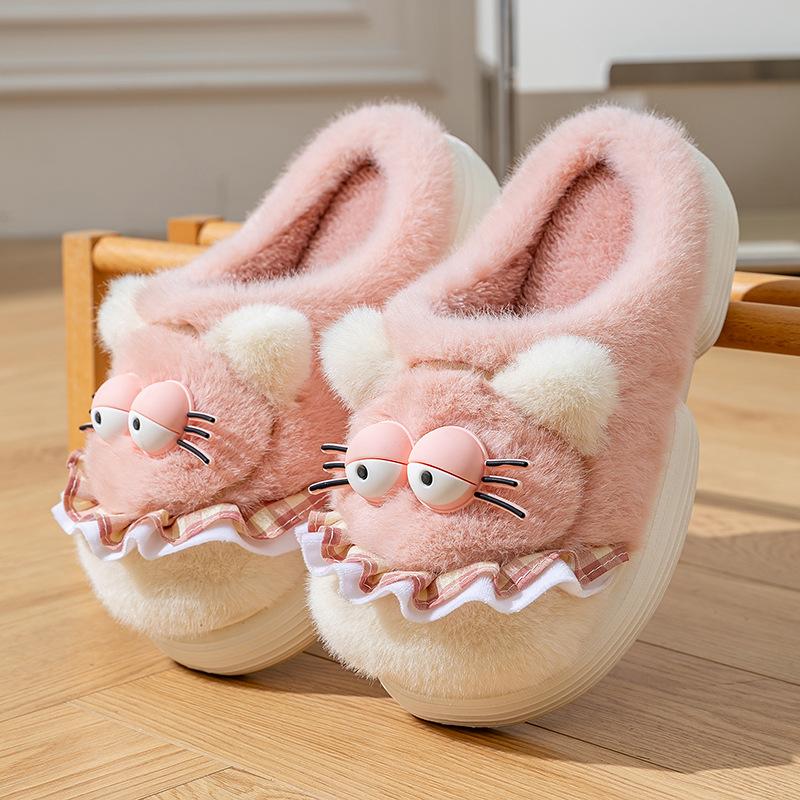 Cute cartoon cotton slippers women's autumn and winter indoor home non-slip warm plush thickened plush kitten cotton mop