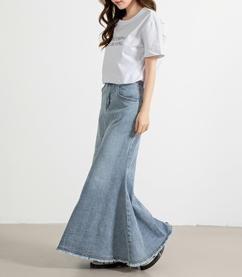 DAYCLOSET Long Denim Mermaid Fringed skirt007 Light Women's Skirt, Lightweight, High-Waisted, Hem, Spring, Summer, Fall, (XL, Blue)