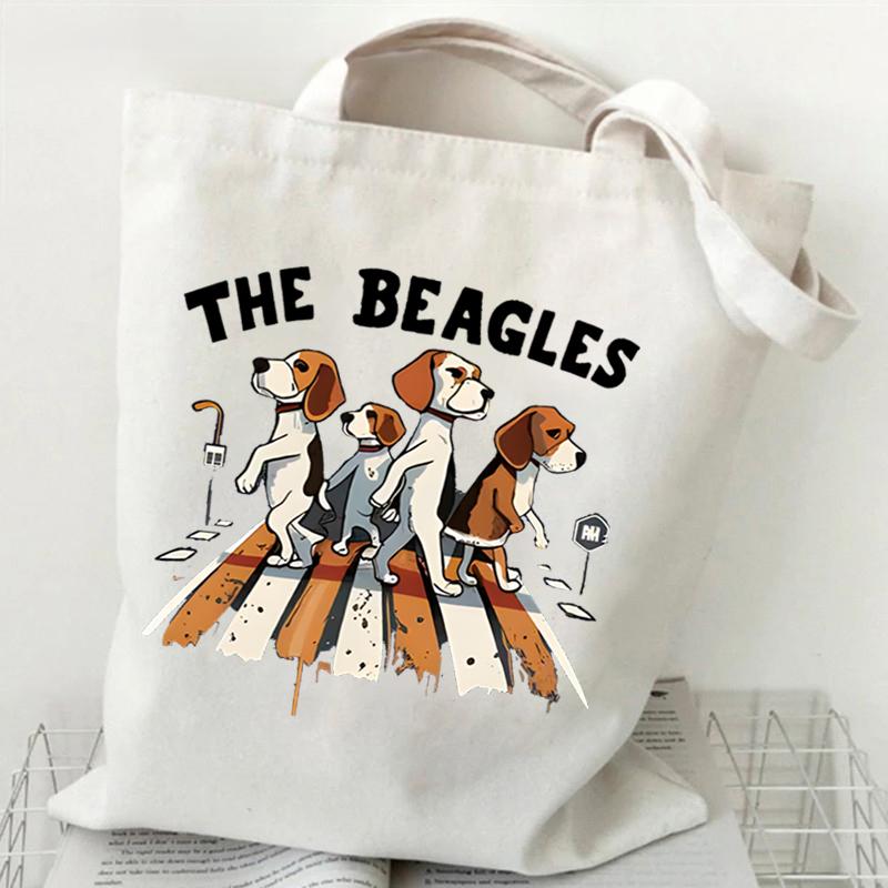 Cartoon Beagle Dog Print Canvas Tote Bag Fashion Animal Shoulder Shopping Bag for Men Women Teens