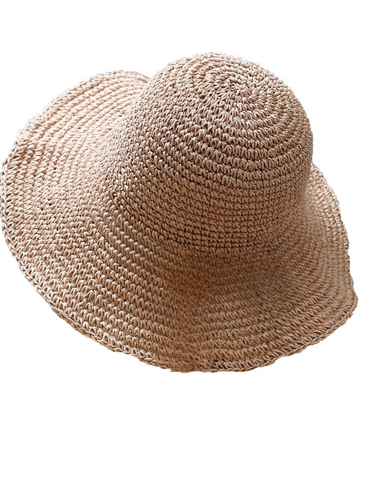 Ladies' Summer Solid Color Hollow Out Large Brim Beach Sun Hat, Pure Straw Crochet Sun Hat Suitable For Hiking