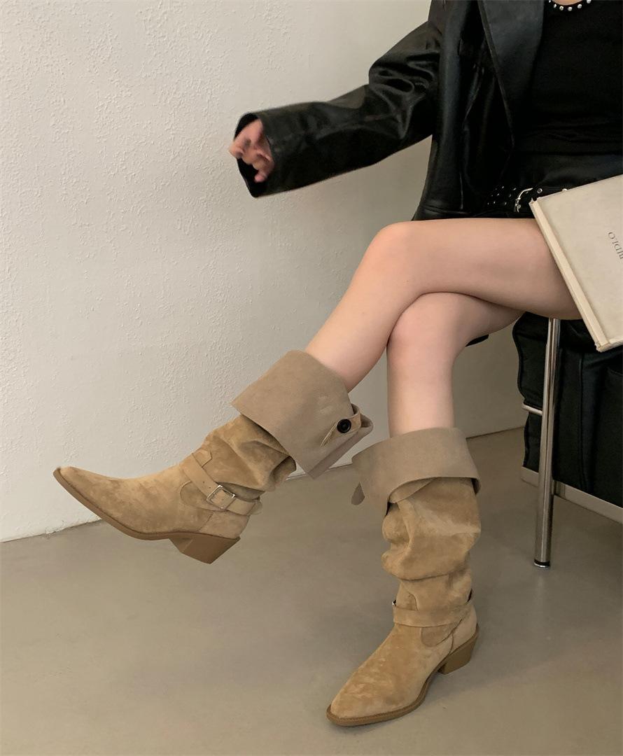 

Модные ботинки-трубы женские 2025 осень новые остроносые толстый каблук тонкий ворс ботинки два способа носки ремешок с пряжкой ретро высокие трубы 39 хаки