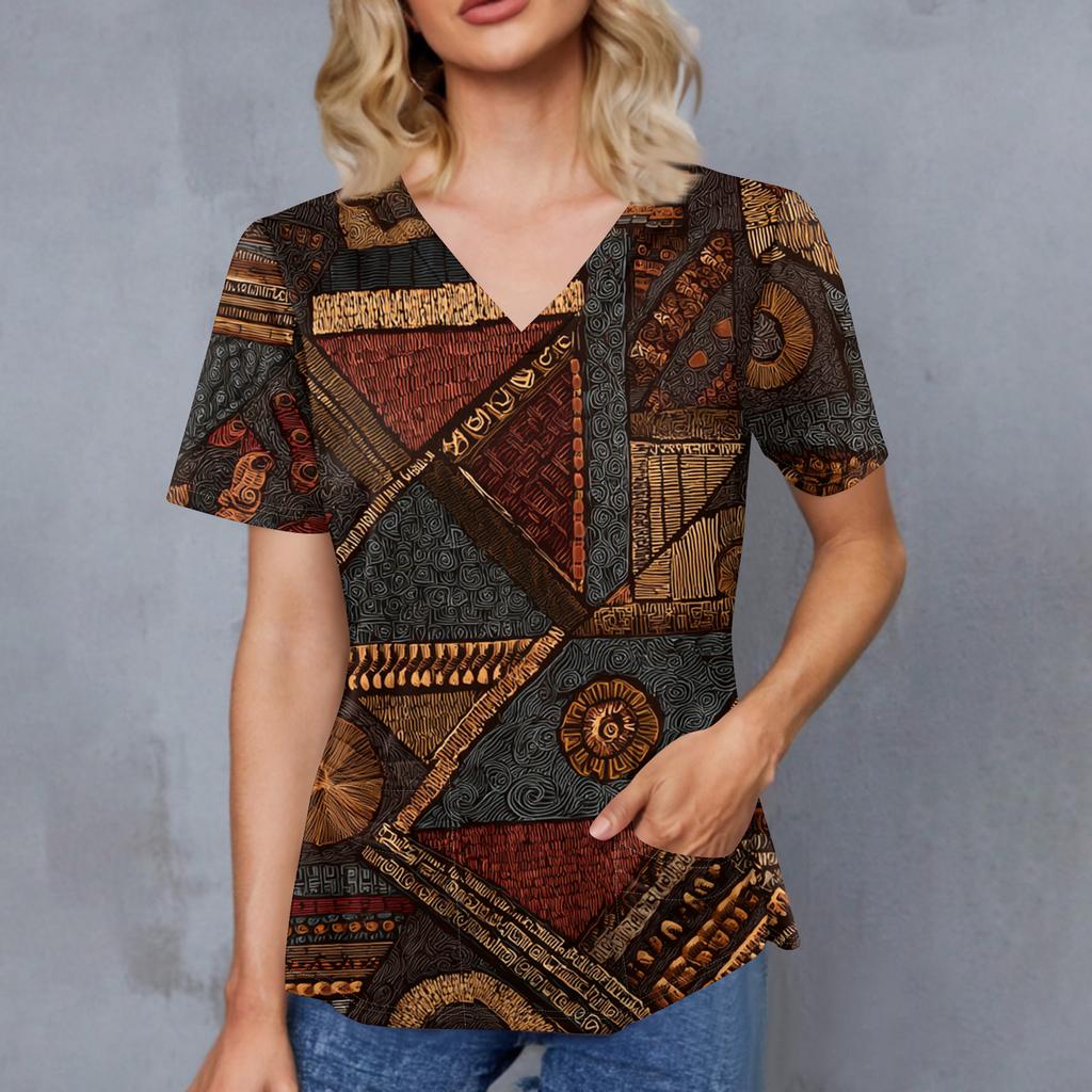 Women's Retro Printed V-Neck Double Pocket Short Sleeves Hem Slit  Uniform Caregiver Top
