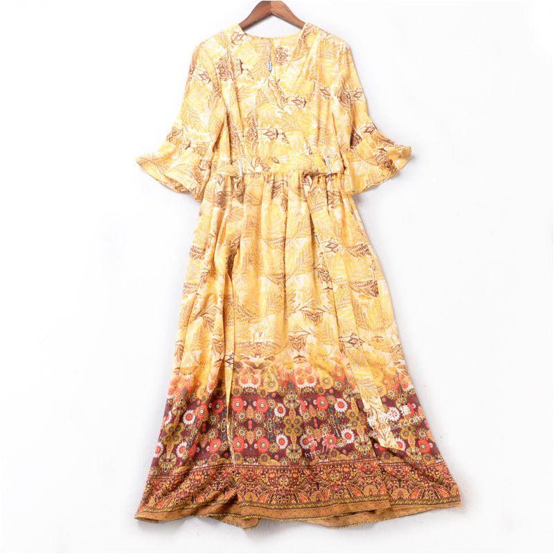 

National Style Abstract Color Circle Printing Dress Yellow S