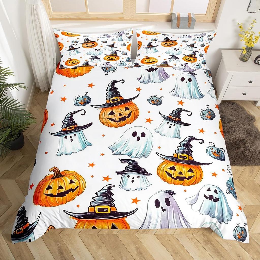 Halloween Ghost Duvet Cover Kawaii Cartoon Ghost Bedding Set Twin Queen For Boys Girl Room Decor Happy Halloween Comforter Cover