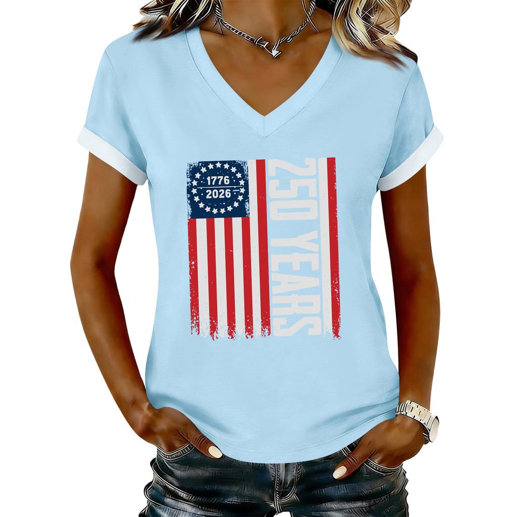 Women's Casual Printed T-Shirt V Neck Pullover Short Sleeve Top