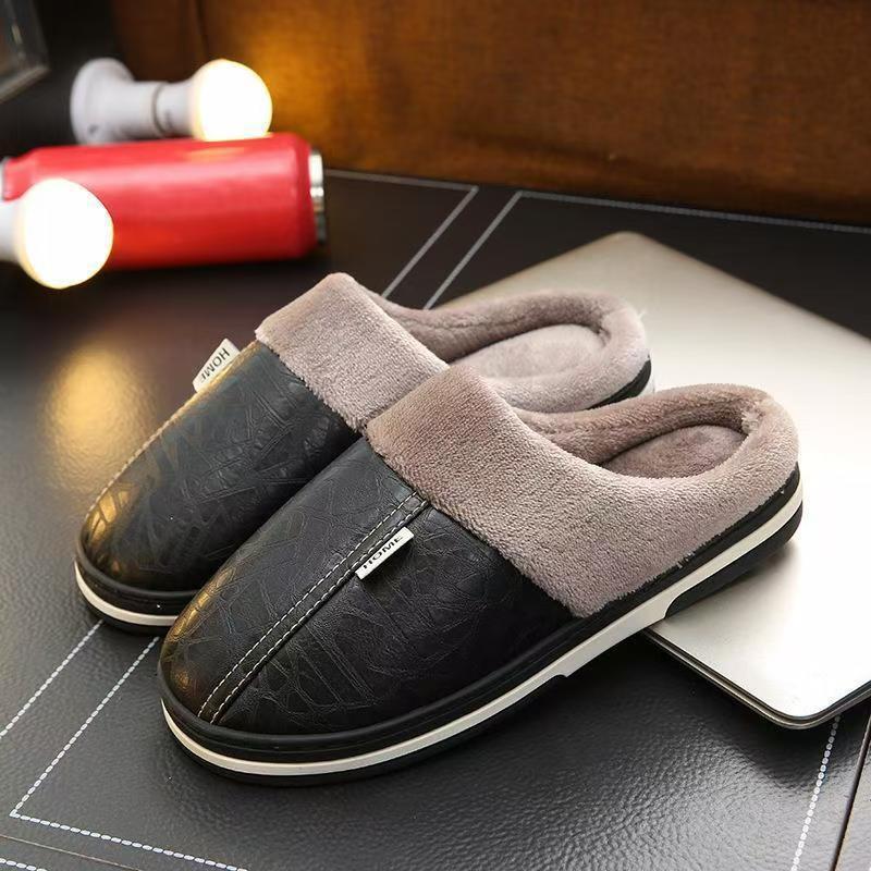 

Cotton slippers women s autumn and winter new leather waterproof home household plush cotton slippers men s thickened home confinement shoes 44-45 [one size smaller for shoes]