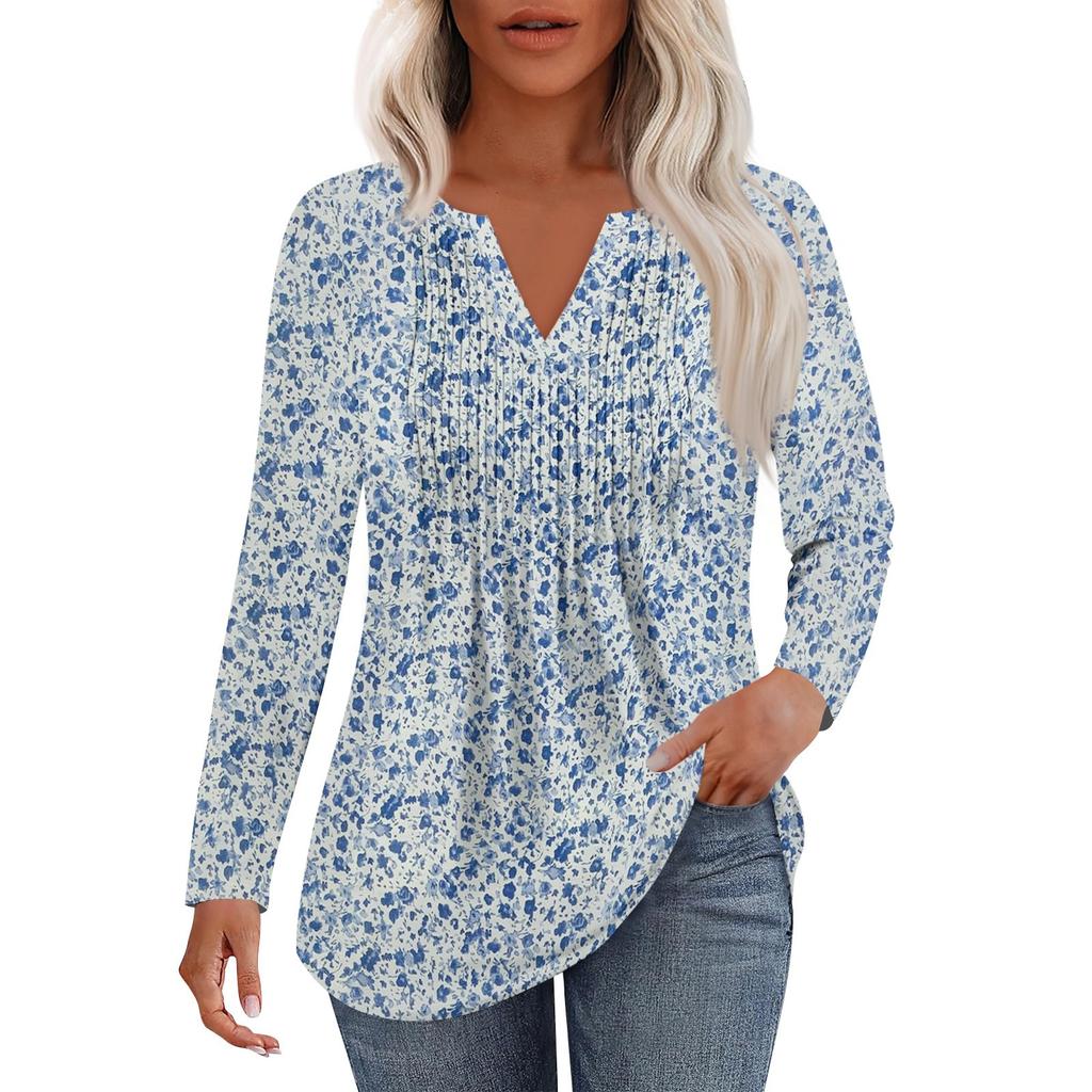 Damska Moda Casual Plisowana Koszulka z Dekoltem V w Jednolitym Kolorze z Długim Rękawem Eleganckie Bluzki