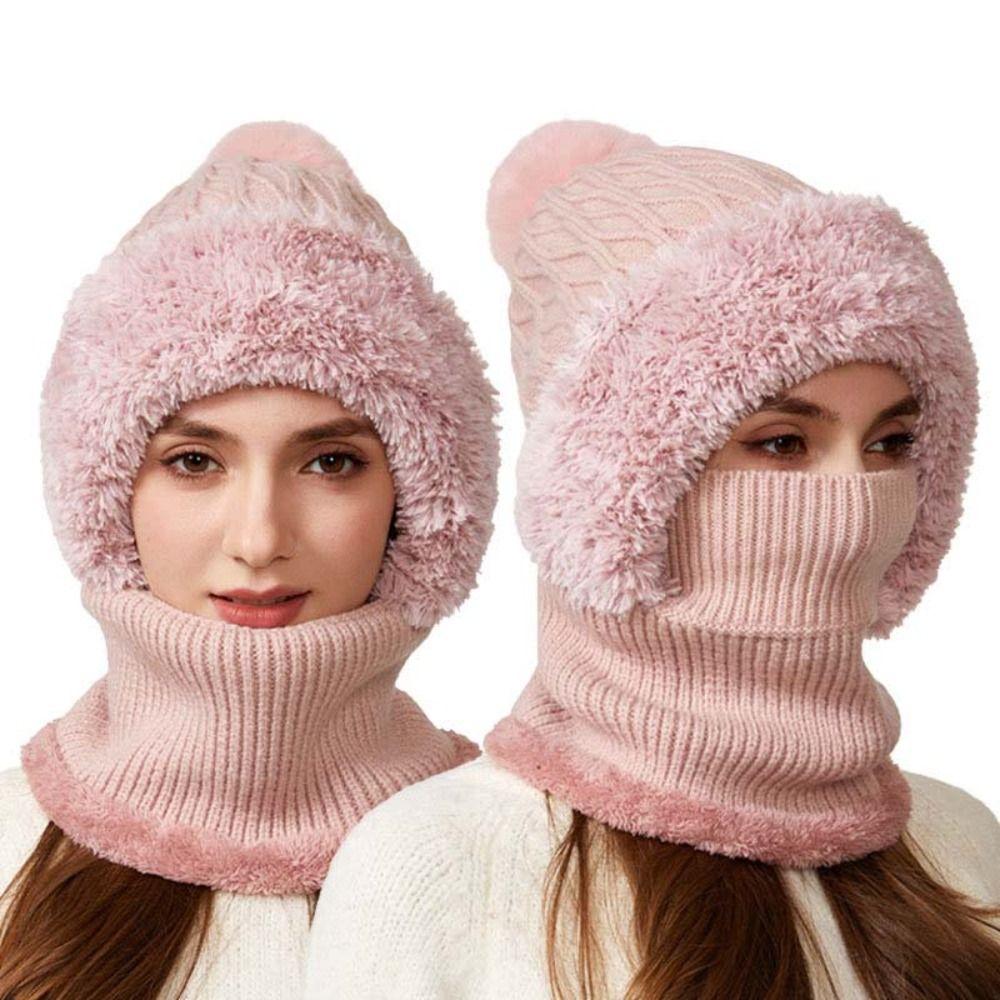 Plush Winter Cap Mask Set Solid Color Balaclavas Hat Fashion 2in1 Scarf Hat Ski