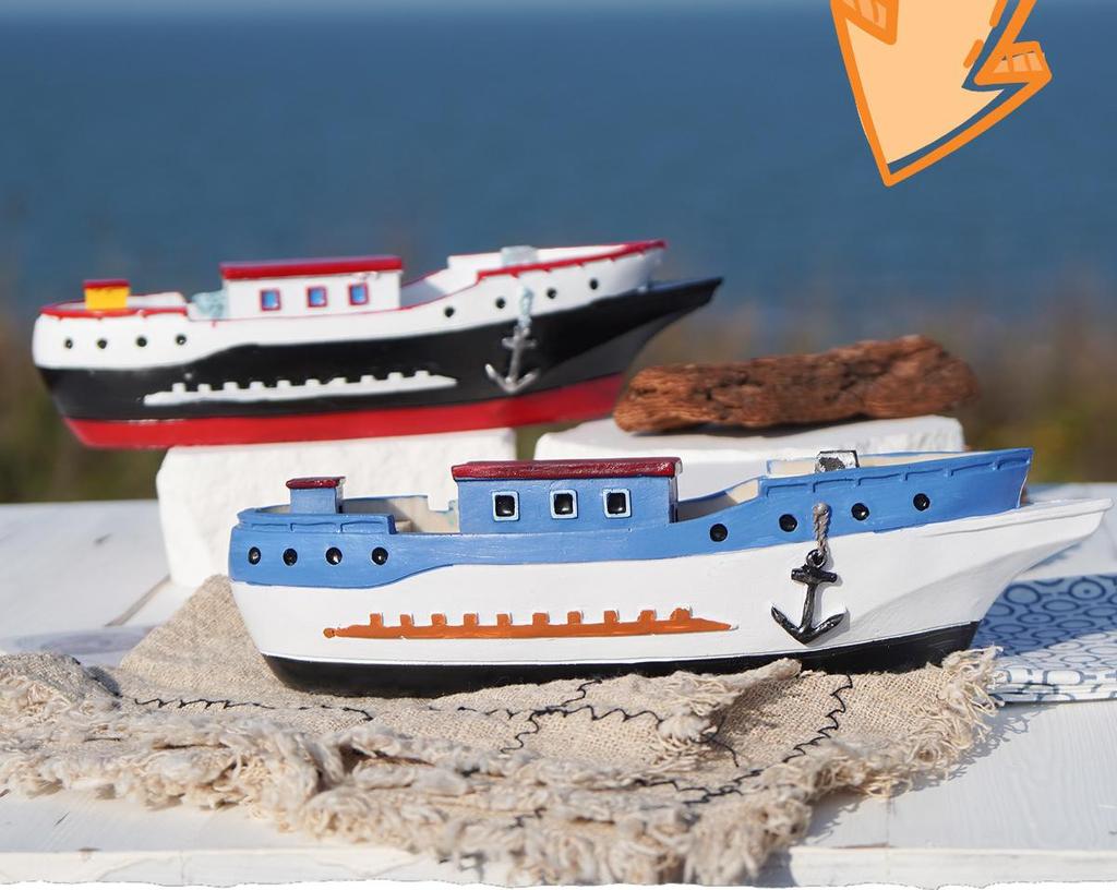 Painted Resin Small Boat Ornament for Home or Children's Room Decor, Seaside Travel Souvenir