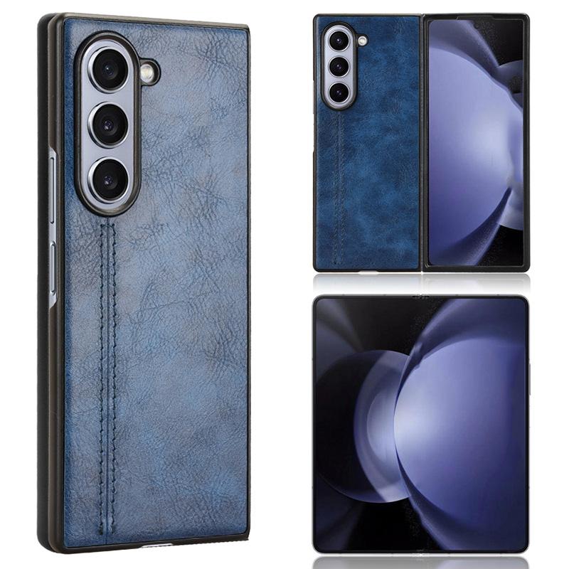

For Samsung Galaxy Z Fold6 5G Case Cowhide Texture Leather+PC Phone Cover Stitching Lines Blue
