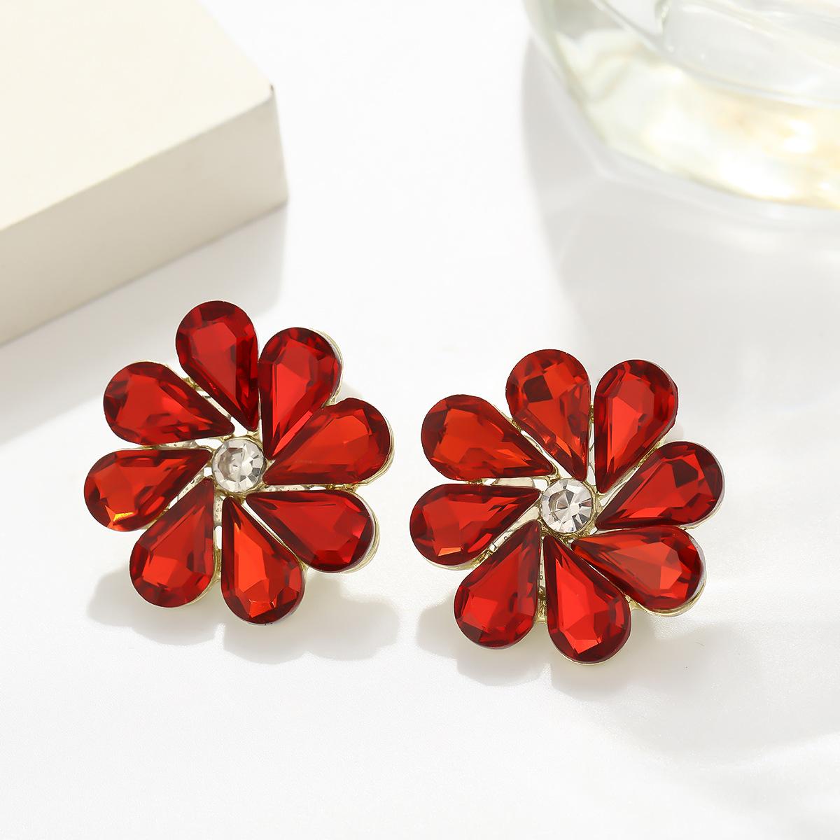 

Sweet Rhinestone Floral Earrings For Women Fashion Commuter Light Luxury Temperament Versatile Party Studs красный
