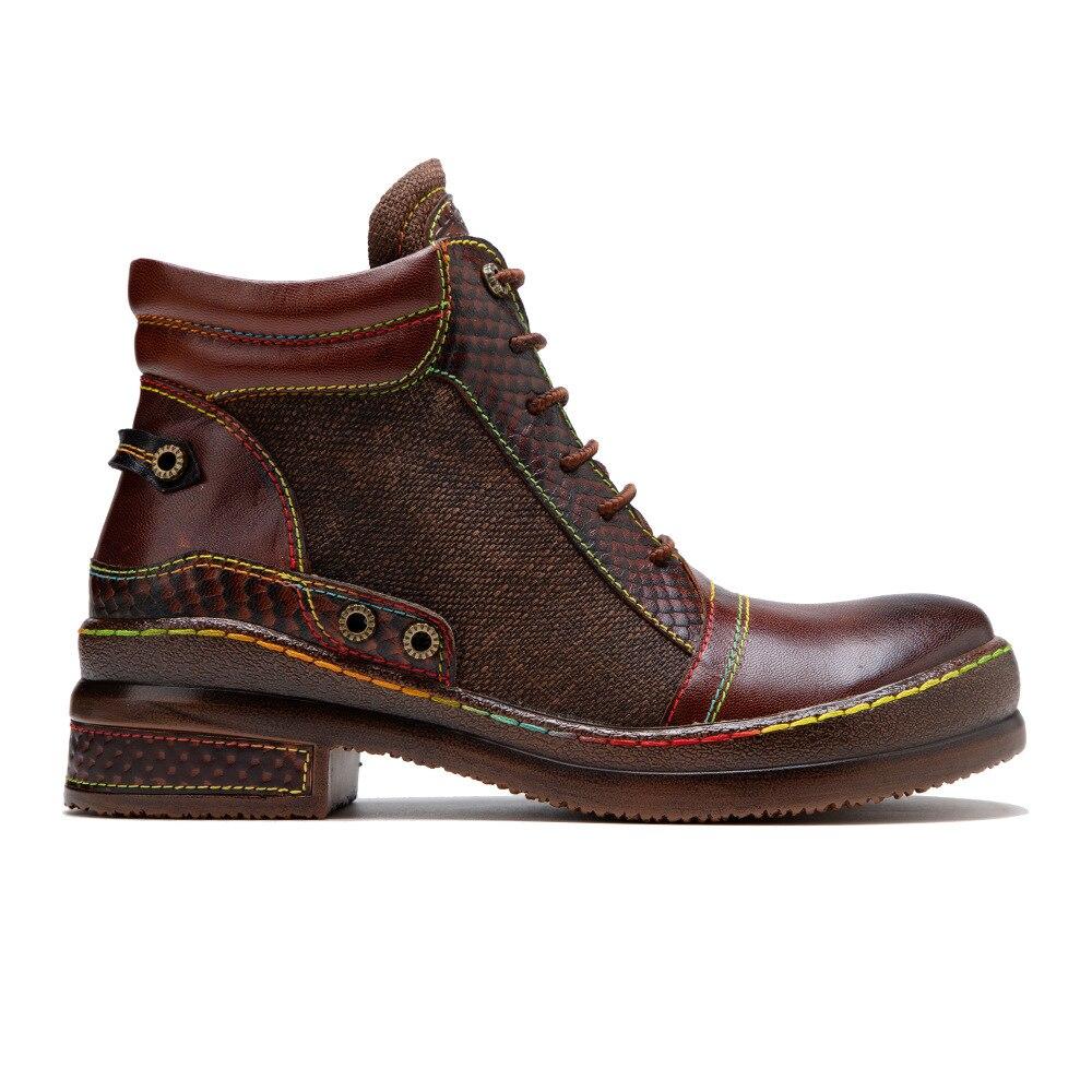 Johnature Genuine Leather Retro Shoes Women Boots Zip Round Toe Mixed Colors Sewing Handmade Concise Platform Boots