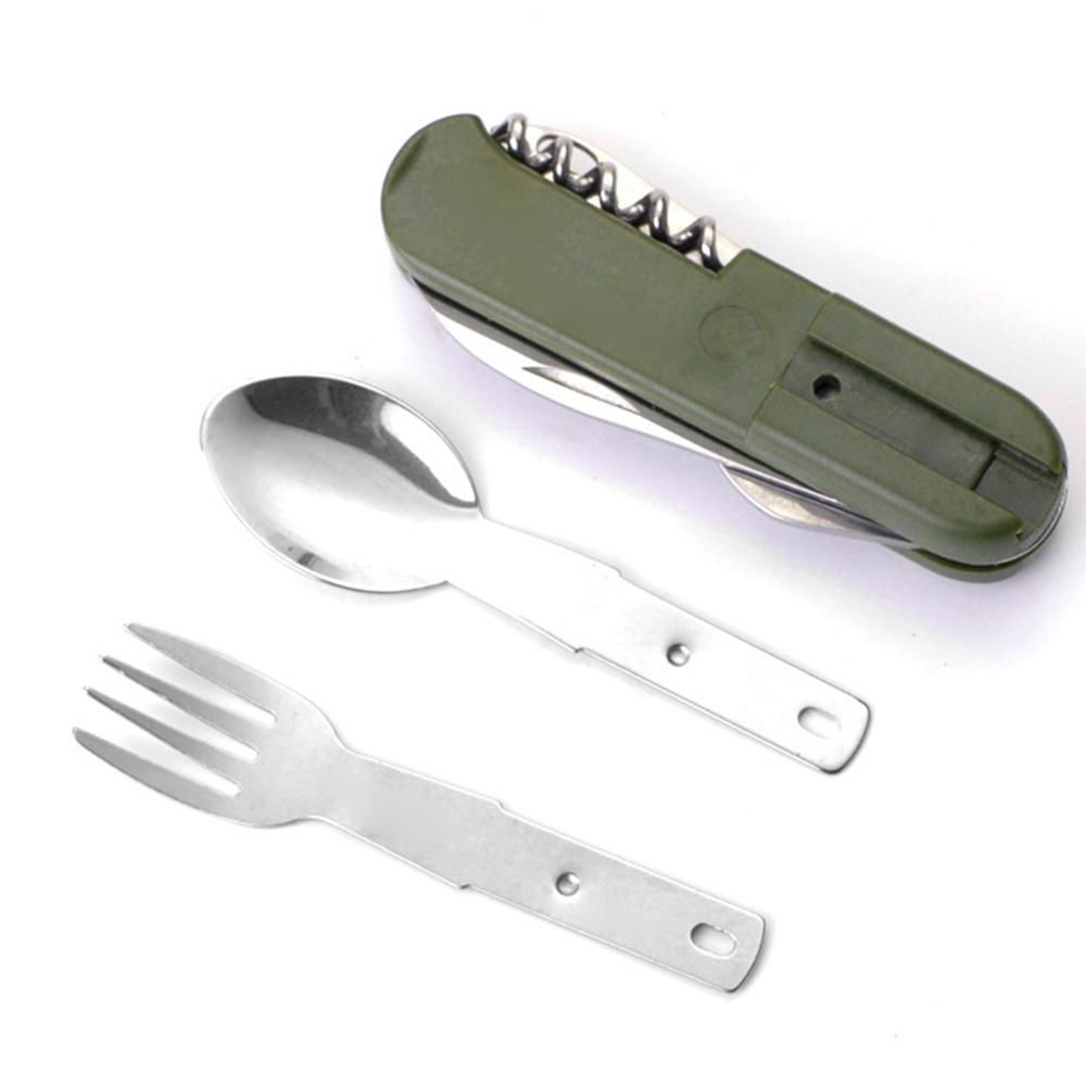 7 In 1 Multifunctional Outdoor Tableware Stainless Steel Foldable Fork Spoon Knife Picnic Camping Hiking Travelling Dinnerware