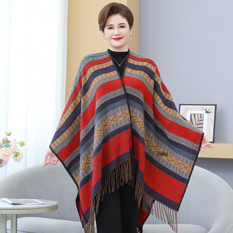 Damen Übergröße Geometrischer Ethno-Stil Gestrickter Gestreifter Schal (2025)