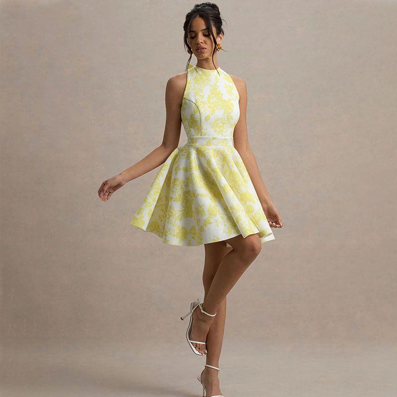 Niche Design Cross-Border New Arrival Women's Clothing Sleeveless Printed Open Back Shoelace Sexy French Style Elegance Slim Looking Dress