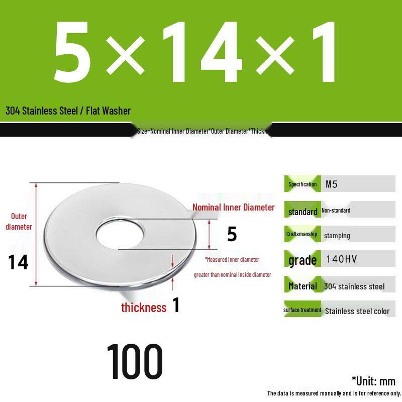 304 Stainless Steel Thickened Flat Washer Set, Sizes 2-36