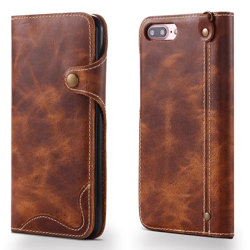 Naturalne etui ze skóry Genuine do IPhone 7 Plus 8Plus IPhone6 6Plus 6s 16 Pro Max Retro Vintage Flip Cover z kieszonką na karty i paskiem