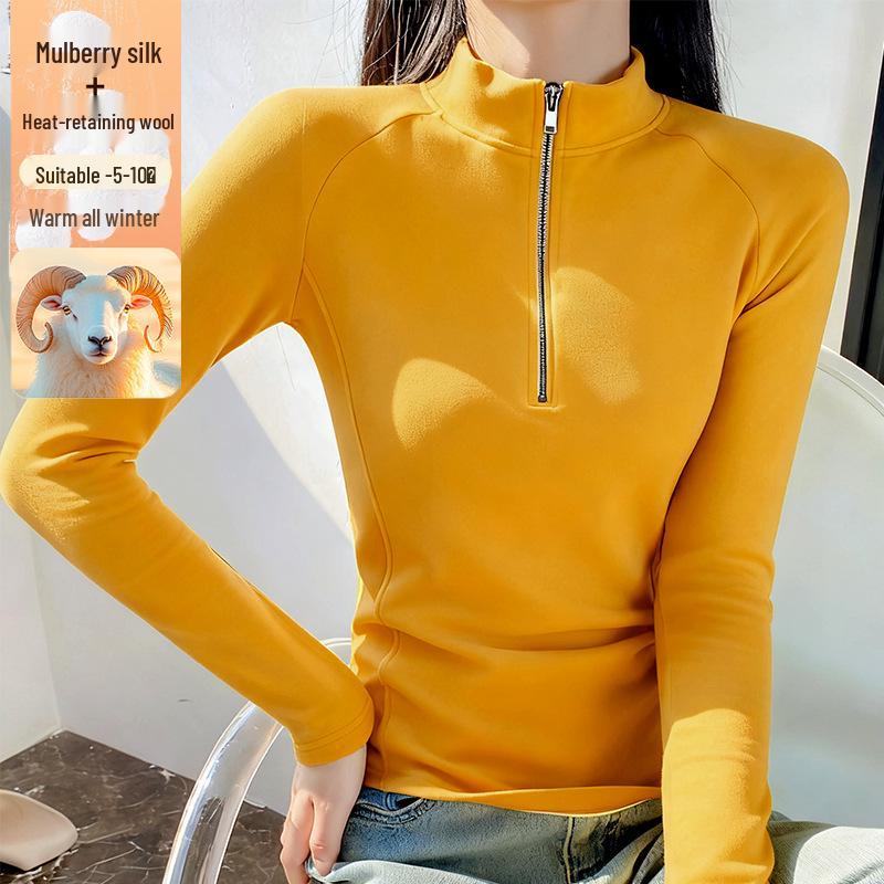 Women's Zipper Stand Collar Long Sleeve T-shirt - Autumn/Winter Warm Fashion Base Layer