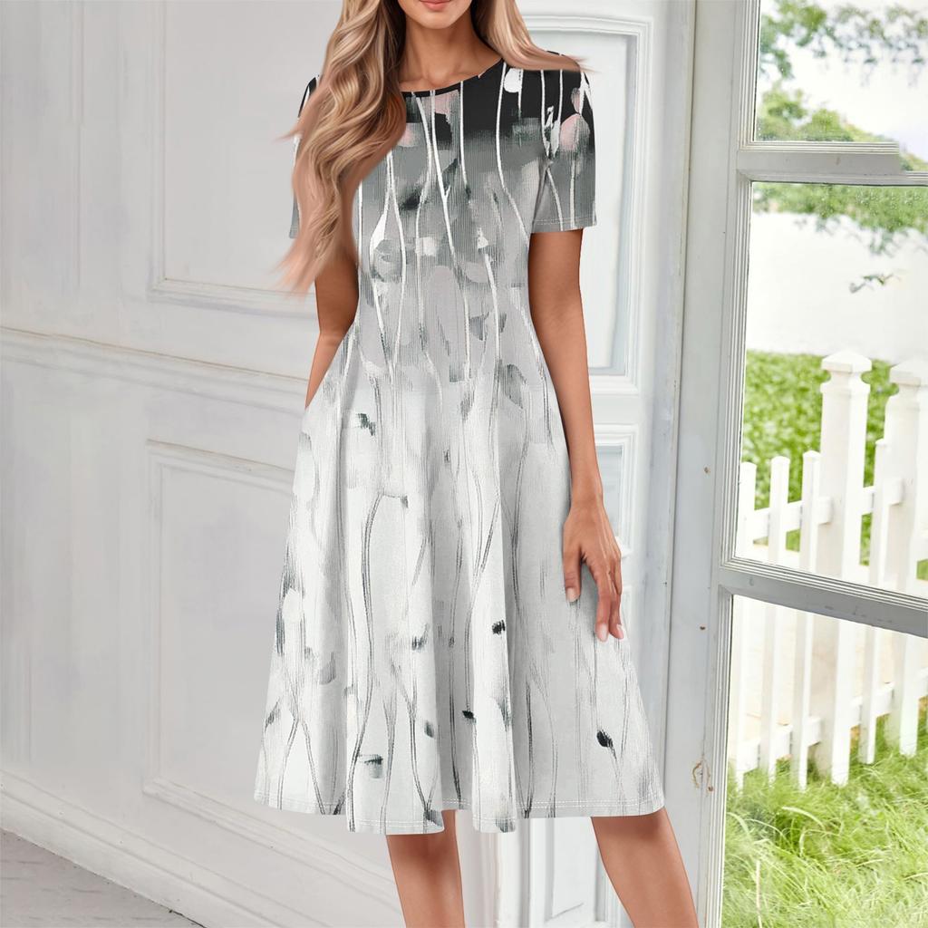 Women's Casual Fashion Round Neck Short Sleeve Print Midi Dress