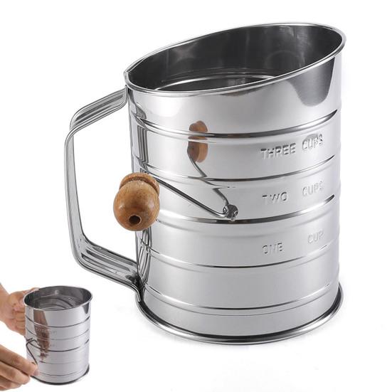 Flour Sifter Semi-automatic Handheld Hand-crank Sieve Stainless Steel Graduated Inclined Mouth Flour Sieve Kitchen Gadget