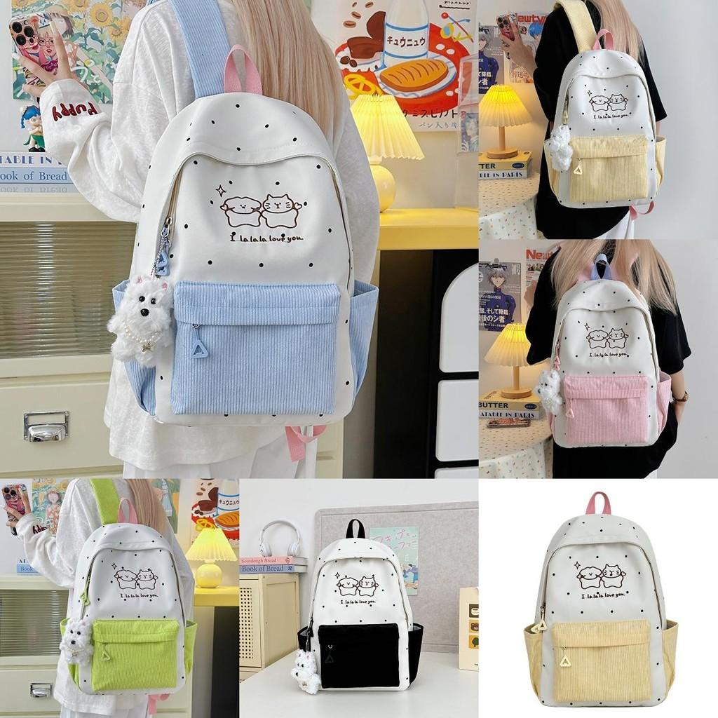 Soft Girl Dot Pattern Nylon Backpack With Cartoon Puppy And Polka Dot Print Designfor Teens And Adults
