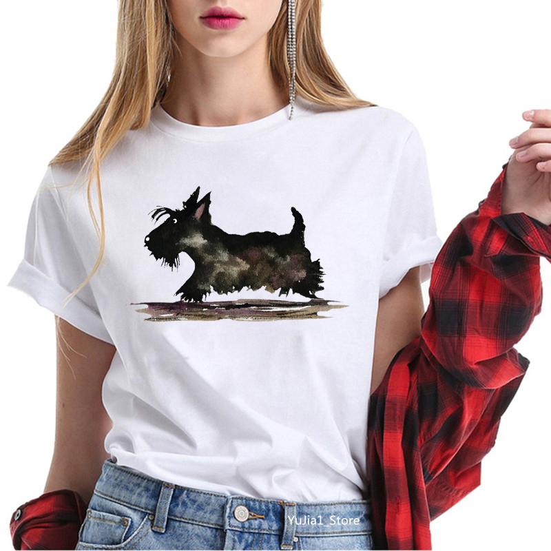 Cute Cartoon T-shirts for Women Harajuku Kawaii Scottish Terrier Animal Print Tee Shirt Femme Summer Cute Tops Dog Lover T Shirt