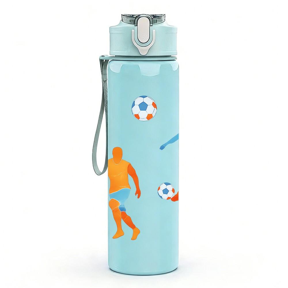 1 Stück Fußballspieler-Gruppen-Silhouette 750ml Farbe Kunststoff Sport-Wasserflasche Auslaufsicher Klappdeckel mit Strohhalm Geeignet für Sport, Büro, Heimgebrauch