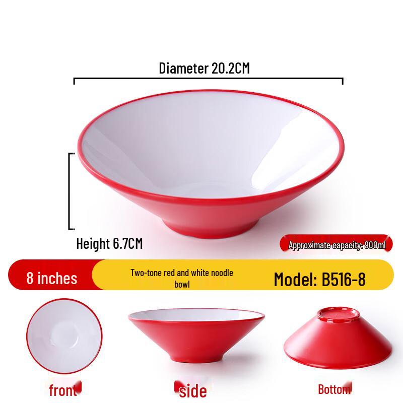 Sweet Elegance Commercial 8-inch Red & White Melamine Noodle Soup Bowl