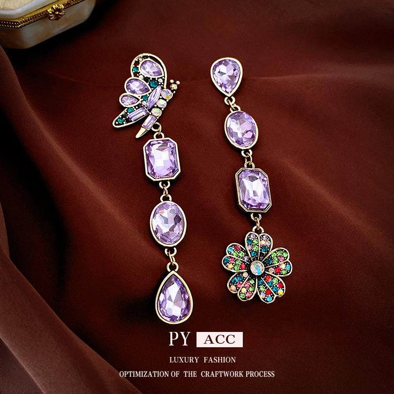 

Half Butterfly Flower Tassel Earrings High-End Asymmetric Earrings Niche Retro Earrings