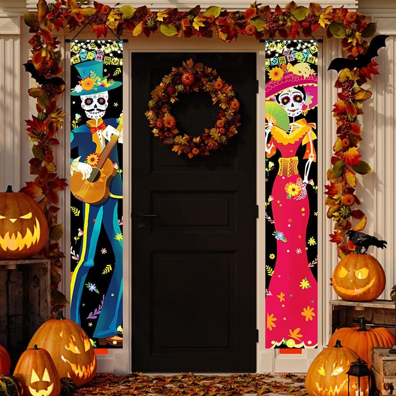 Mexican Day of The Dead Couplet Halloween Skull Pattern Banner Halloween Horror Themed Party Decor Door Hanging Flags Curtain
