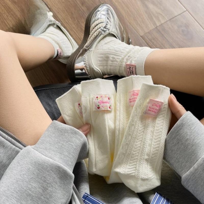 White Socks for Girls, Pile Socks for Spring, Versatile, Followed By Cloth Label Trendy School Windbreaker Socks for Girls
