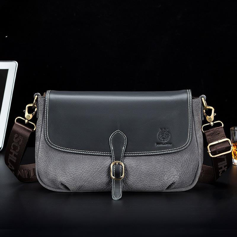 Men's Casual Single-shoulder Bag, Horizontal Contrasting Color Genuine Leather Men's Crossbody Bag