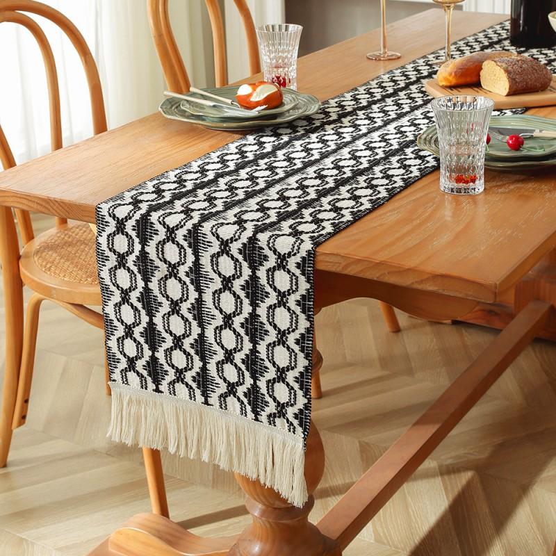 Cotton Linen Table Runner With Striped Patchwork Design Tassel Trim Modern Minimalist Long Cover Dining Room