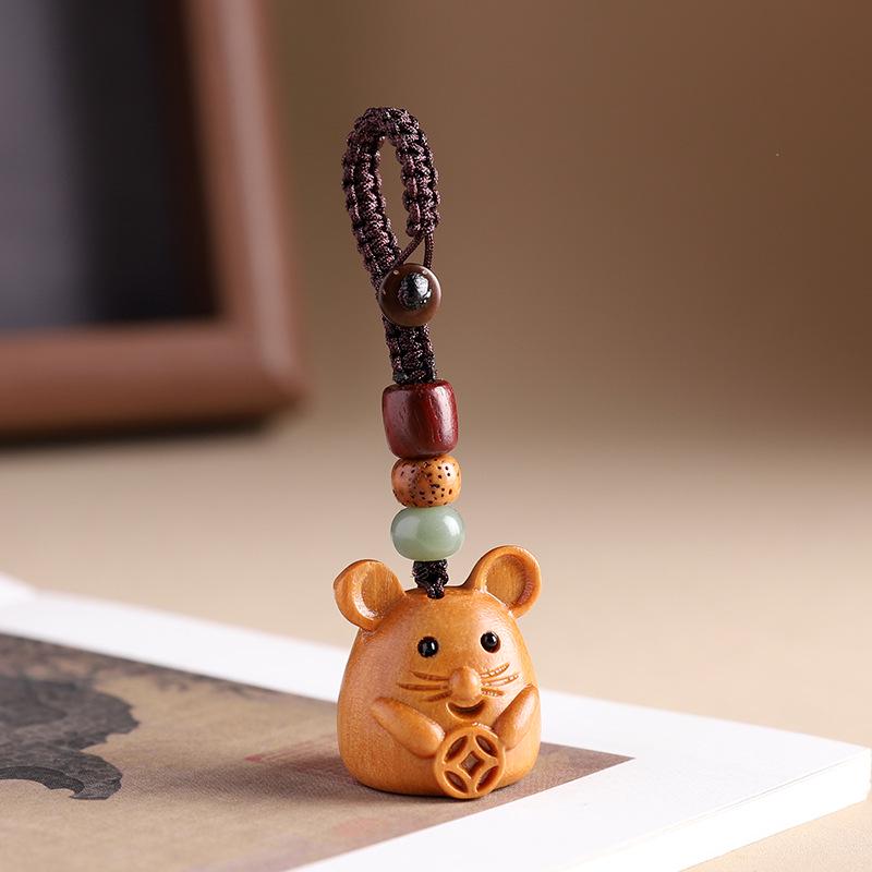 Sandalwood Zodiac Keychain Charm for Men & Women - Cute Mouse Pendant for Keys & Phones